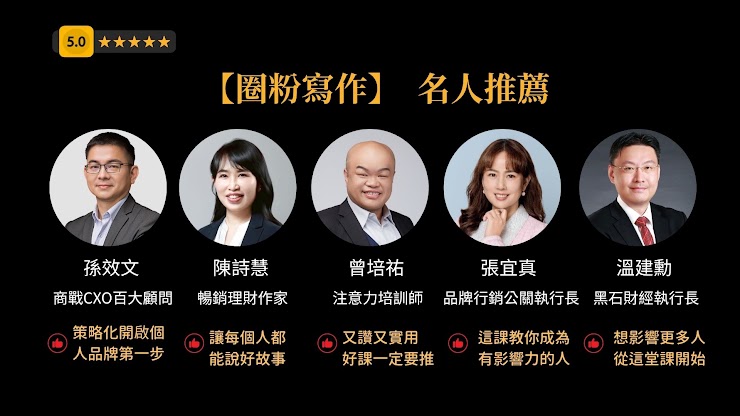 圈粉寫作名人推薦：孫效文、陳詩慧、曾培祐、張宜真、溫建勳